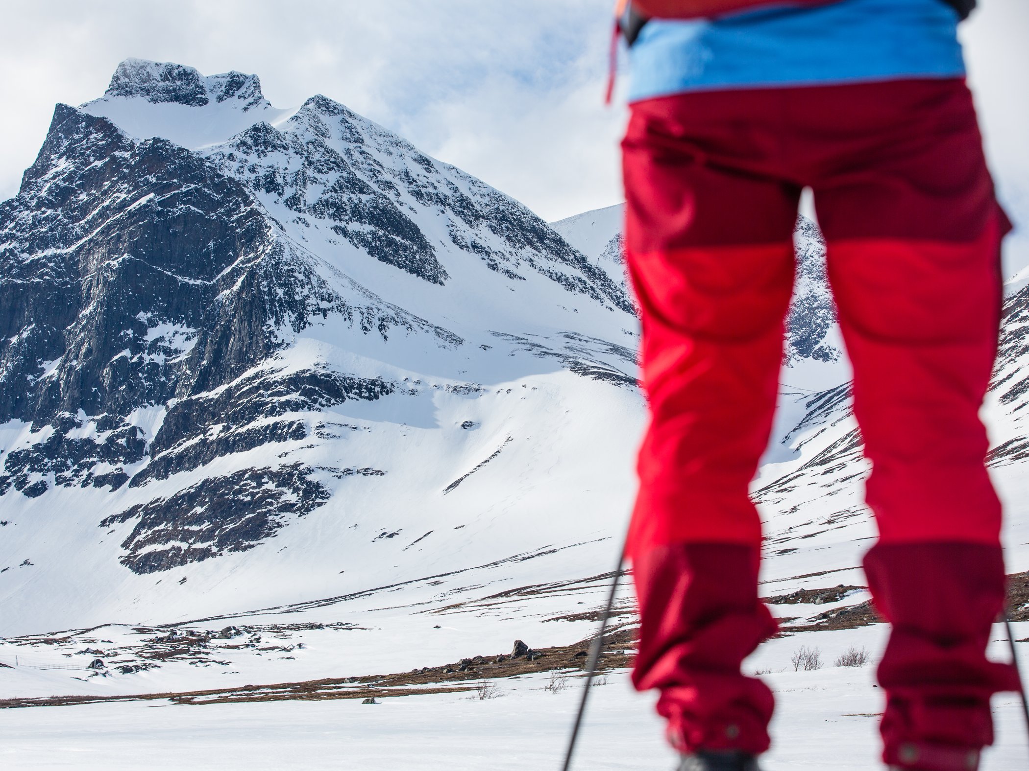Skier standing in a snowy mountain valley with snow-covered peaks in the background.