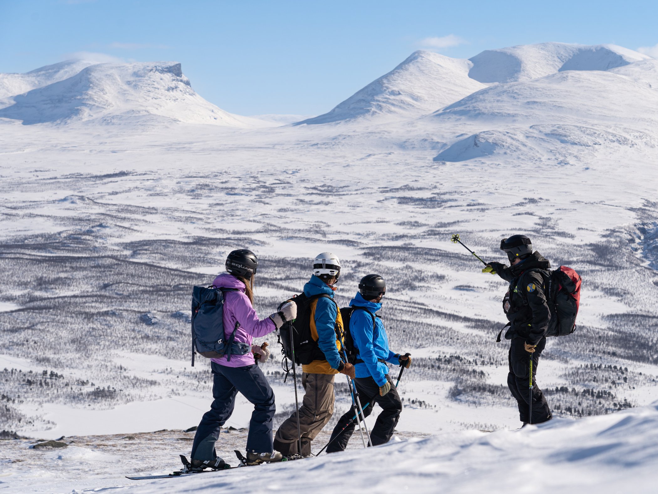 A guide pointing out across the mountains to three people on ski touring skis.