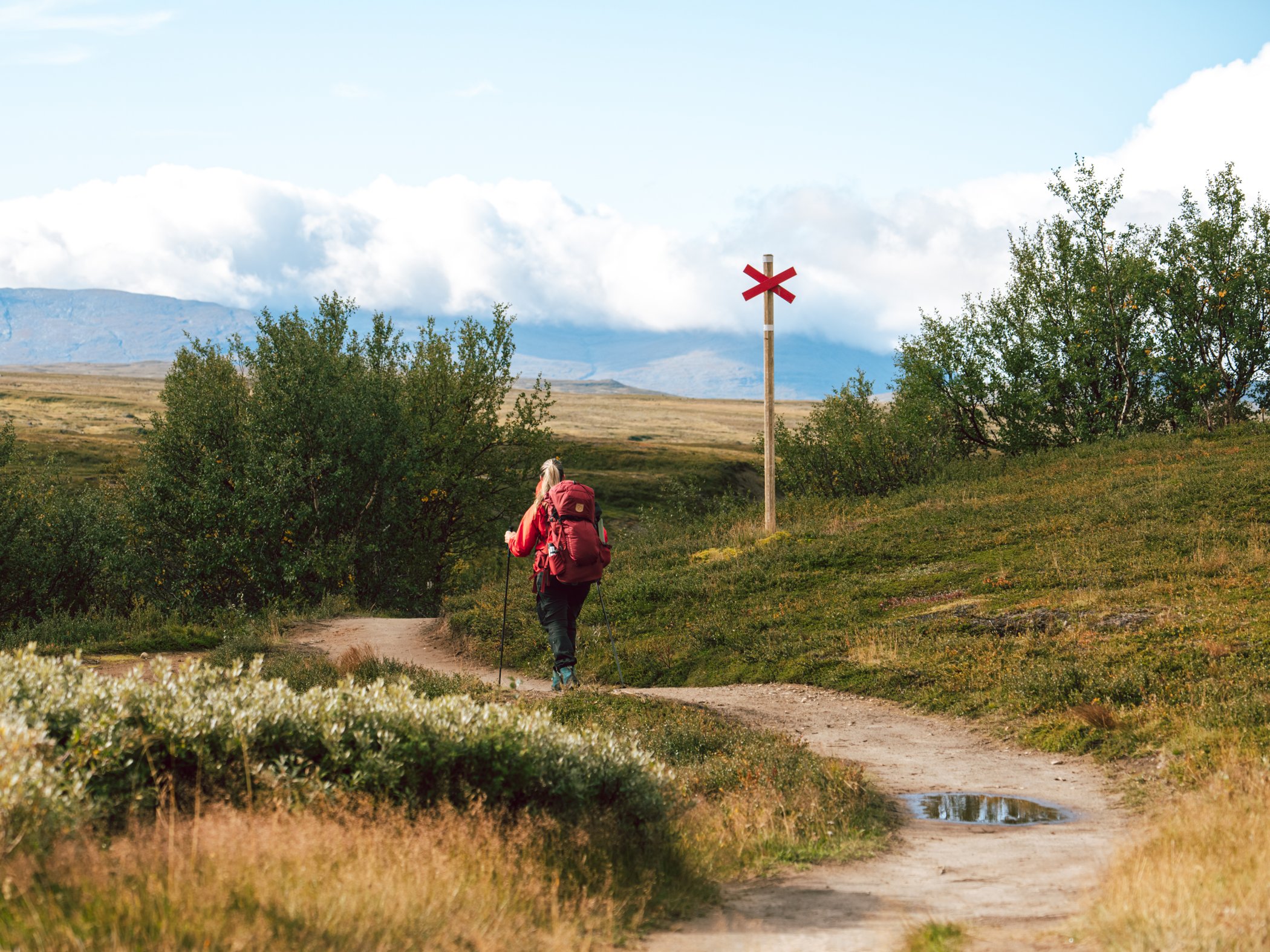 Hiker walking along a mountain trail marked with red trail markers.