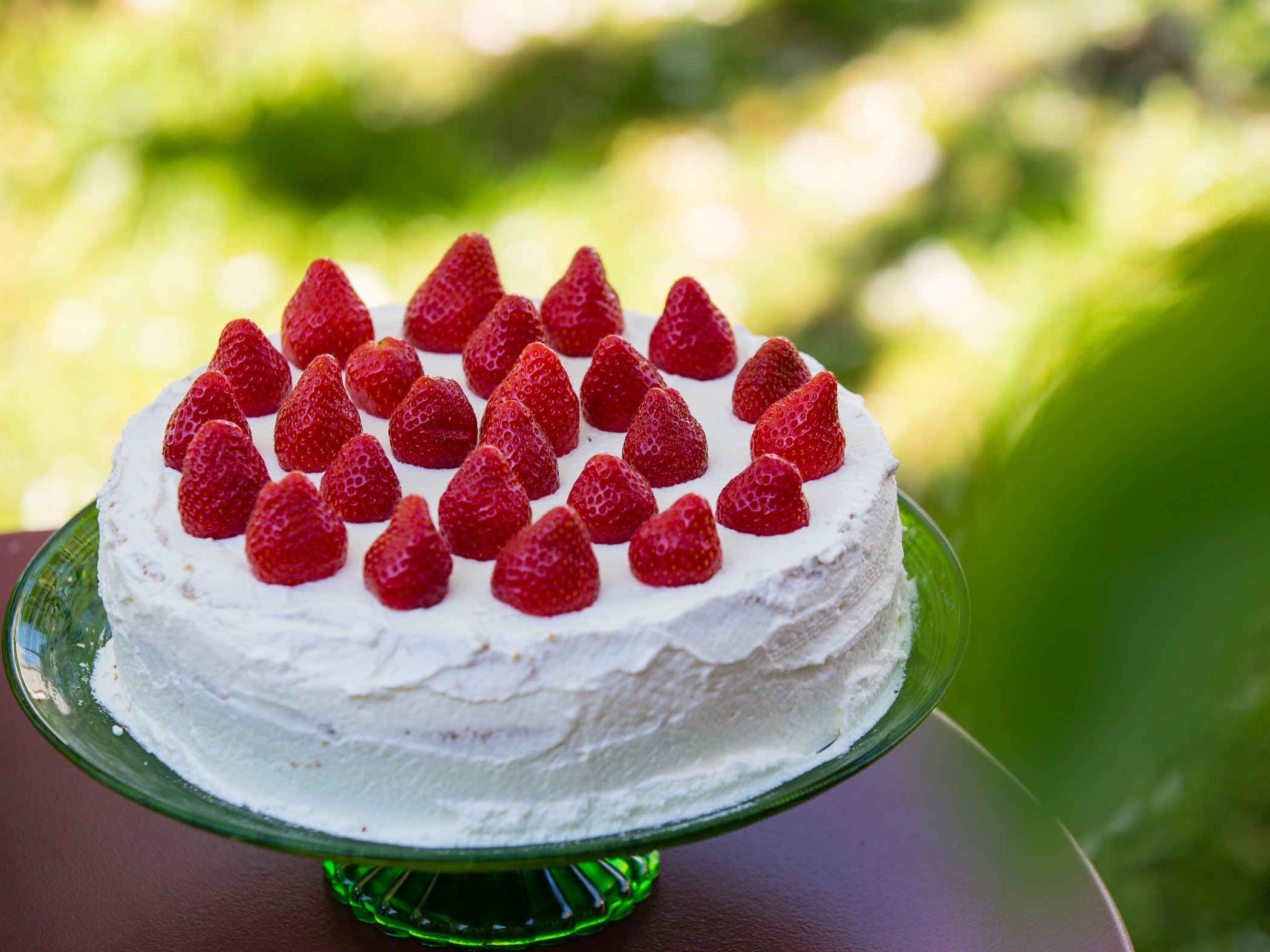 Strawberry cake topped with whipped cream and fresh strawberries.