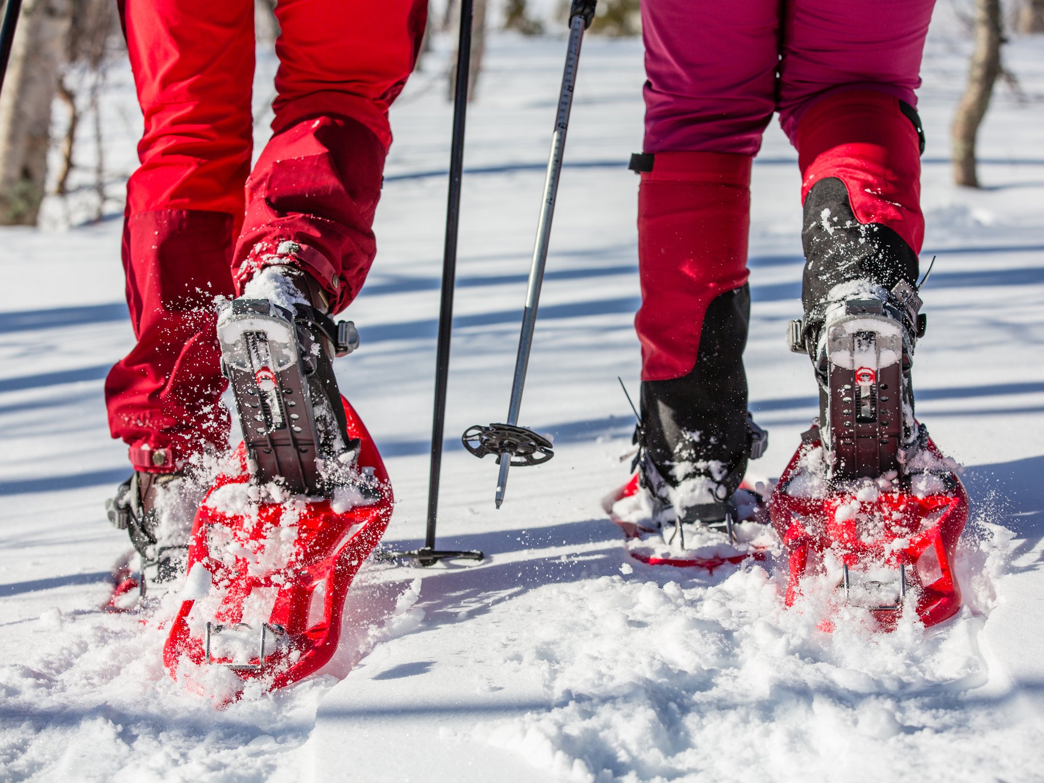 Two people snowshoeing through deep snow in a winter landscape.