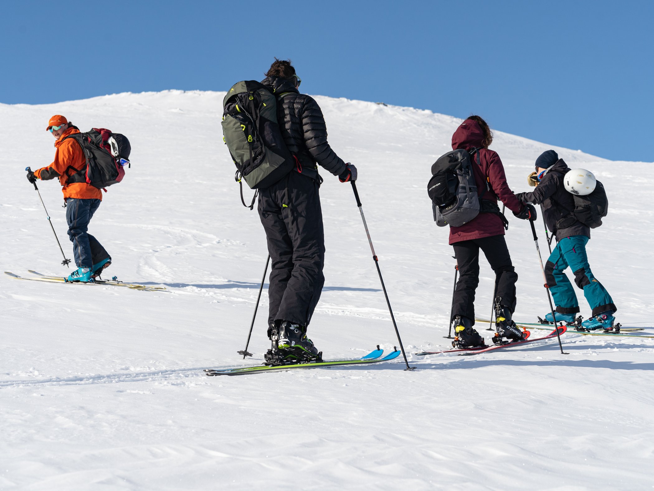 Guide leads participants uphill during a ski touring excursion in Abisko.