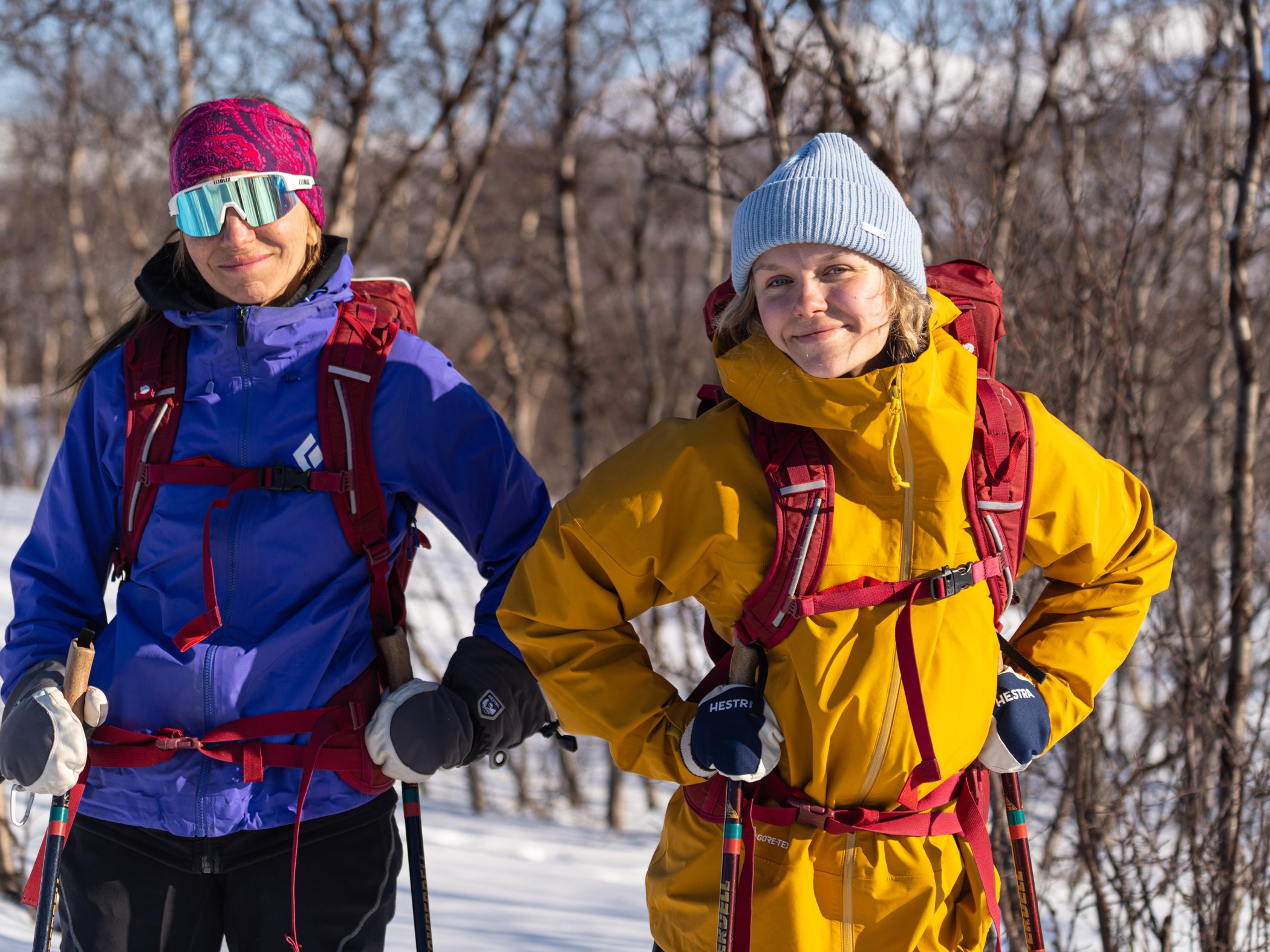 Two cross-country skiers with backpacks standing on a snowy trail in a winter landscape.