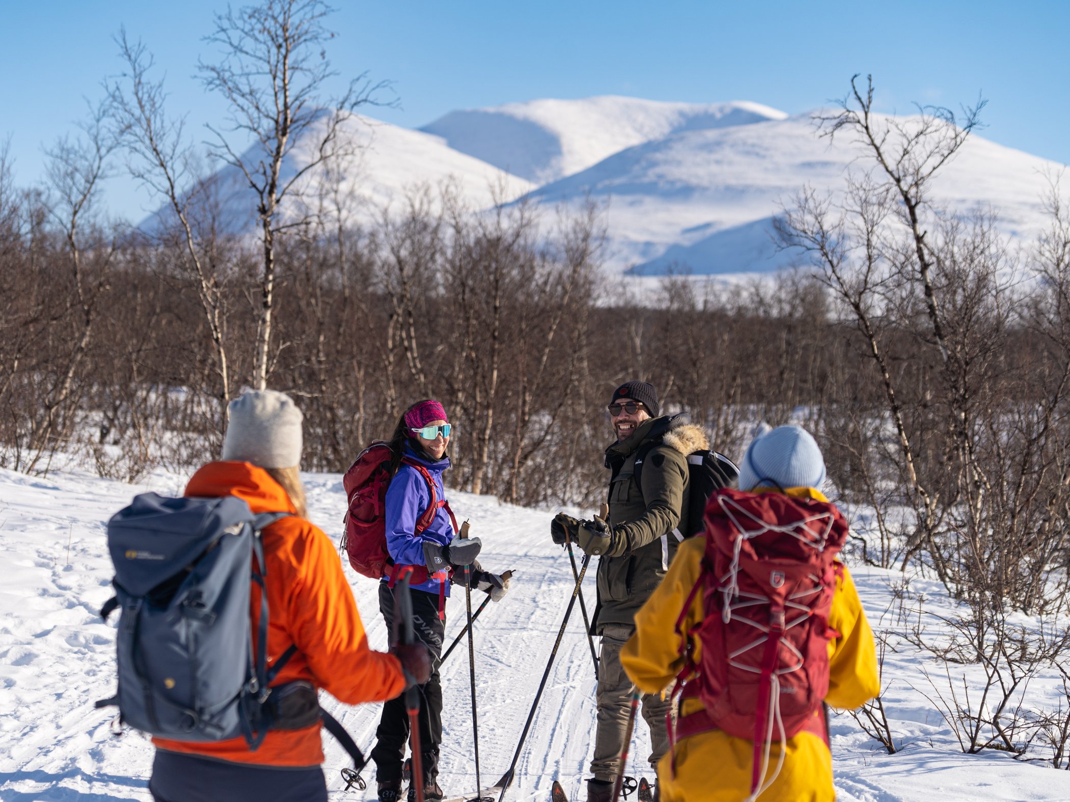 Group of cross-country skiers taking a break on a snowy trail in a winter landscape with snow-covered mountains in the background.