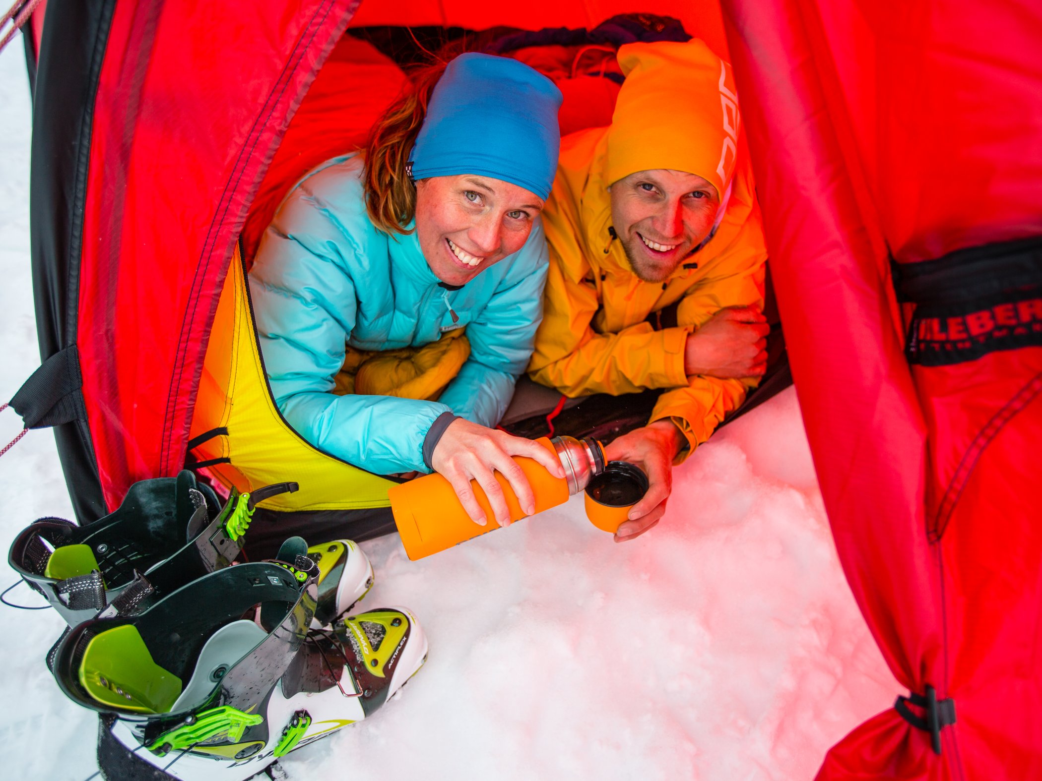 Couple in tent, during first tent tour, winter Kebnekaise